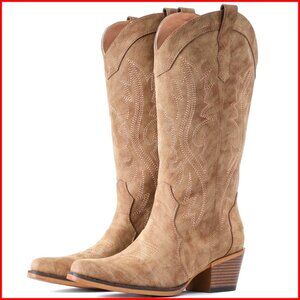 Women's Western Cowboy Boots Mid Calf Snip Toe Chunky Heel Handcrafted